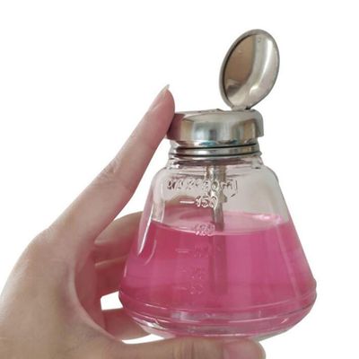 YYNGJCK 1 Pcs, 180ml/6 Oz Clear Glass Dispenser Bottle for Nail Polish and Makeup Remover, Thick Empty Lockable Push Down Alcohol Pump Sanitizer Container with Stainless Steel Cap (Metal Core)