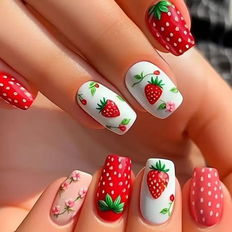 24Pcs Short Press on Nails Square Strawberry Fake Nails Spring Glue on Nails Cute Flower False Nails Full Cover Stick on Nails Red Reusable Acrylic Nails for Women and Girls Manicure Kit