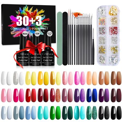Comozon 62 Pcs Gel Nail Polish Kit, 30 Colors, Base Coat, Glossy &amp; Matte Top Coat, 15 Nail Brushes, Nail Decorations, Gel Nail Polish Set