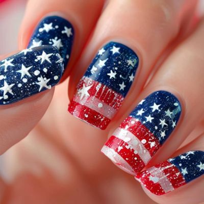 Short Square 4th of July Press on Nails USA Independence Day False Nails American Flag Design Glue on Nail Glossy Star Stripe Patriotic Fake Nail for Women