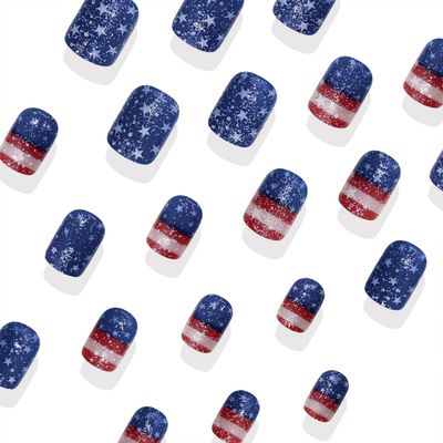 Short Square 4th of July Press on Nails USA Independence Day False Nails American Flag Design Glue on Nail Glossy Star Stripe Patriotic Fake Nail for Women