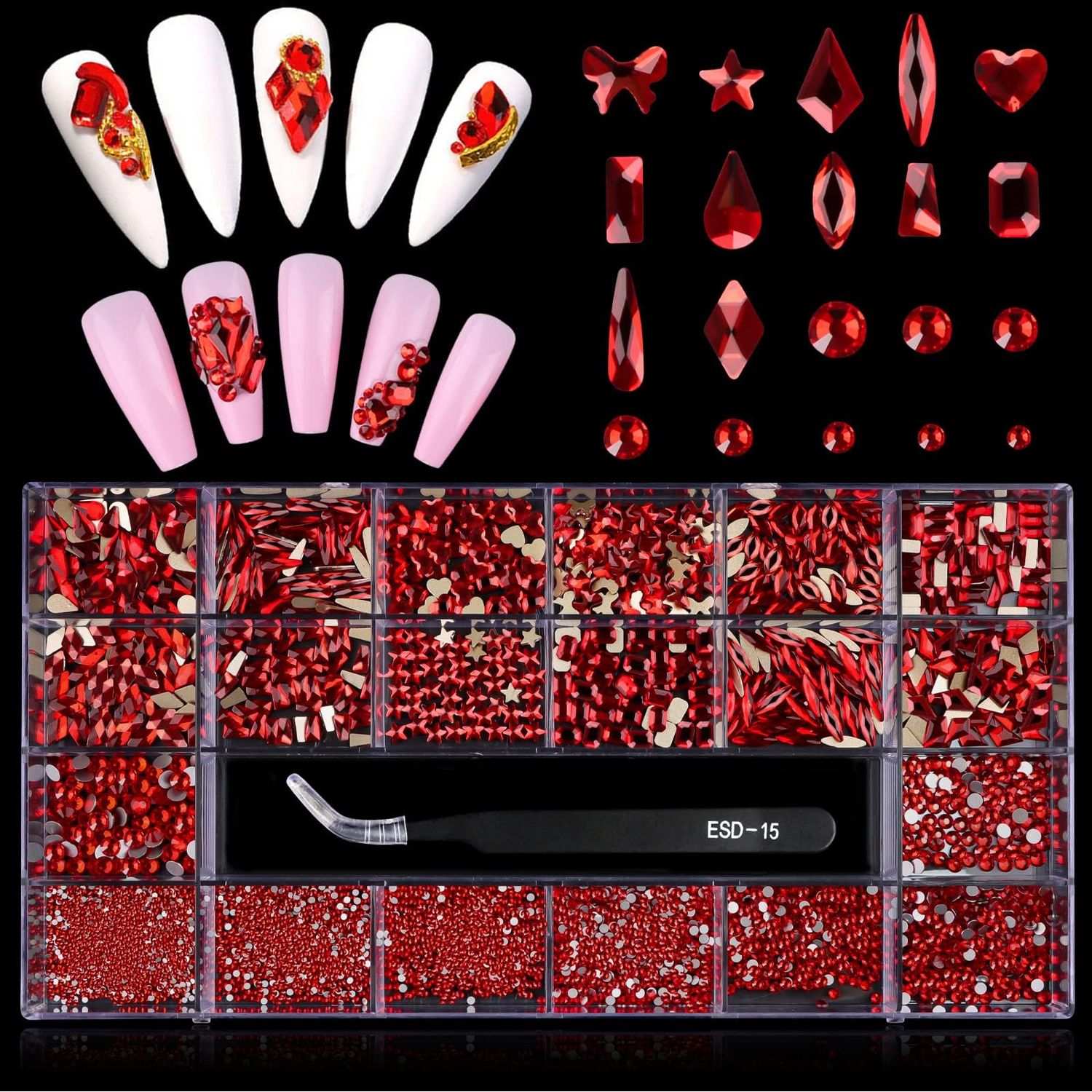 3100Pcs Red Rhinestones for Nails EBANKU Nail Art Rhinestones Kit Red Nail Crystal Rhinestones Mixed Shape with Rhinestone Picker Dotting Pen Tweezers for Valentines Day DIY Nail Art Craft
