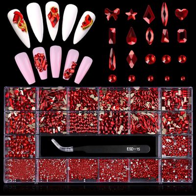 3100Pcs Red Rhinestones for Nails EBANKU Nail Art Rhinestones Kit Red Nail Crystal Rhinestones Mixed Shape with Rhinestone Picker Dotting Pen Tweezers for Valentines Day DIY Nail Art Craft