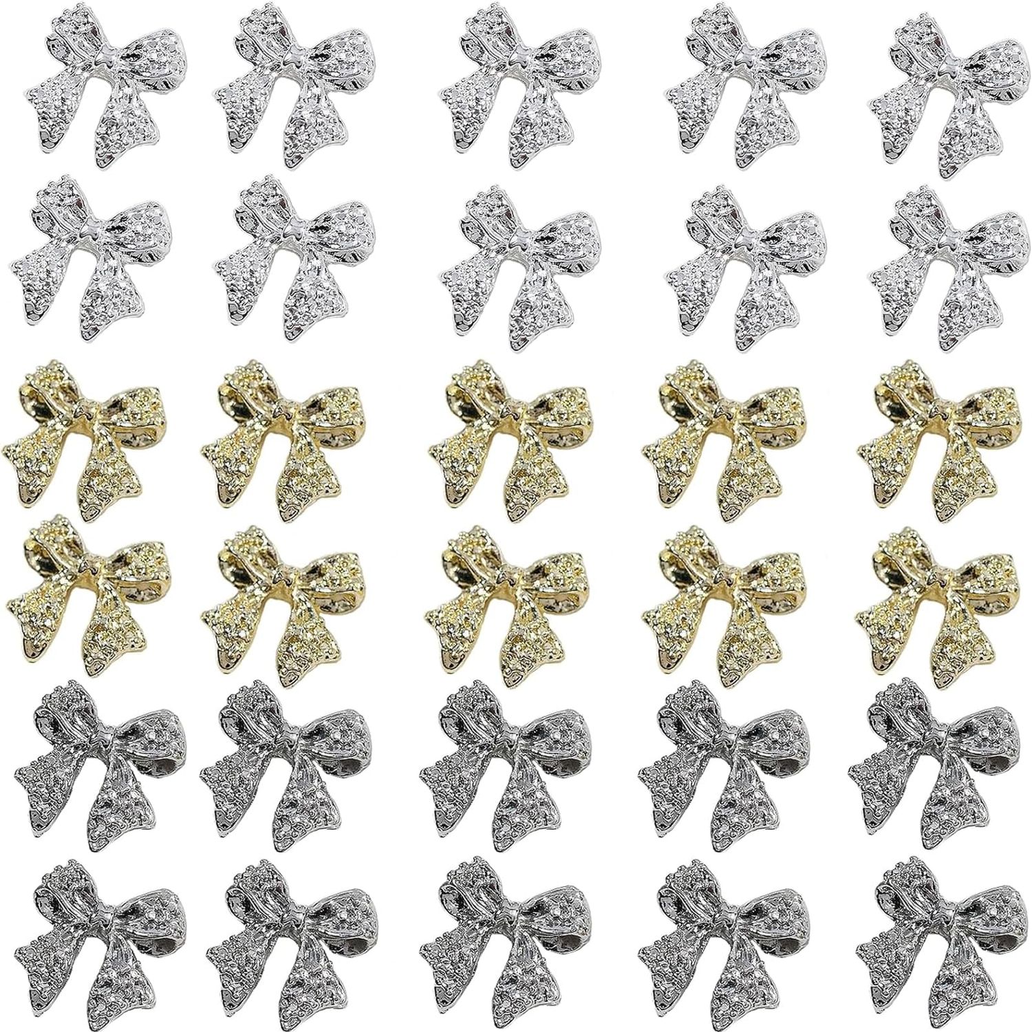 30pcs 3D Metal Bow Charms for Acrylic Nails - Gold, Silver, Gray Alloy Knot Art Accessories - Cute Kawaii Tie Jewels for Women Girls Manicure
