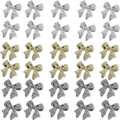 30pcs 3D Metal Bow Charms for Acrylic Nails - Gold, Silver, Gray Alloy Knot Art Accessories - Cute Kawaii Tie Jewels for Women Girls Manicure