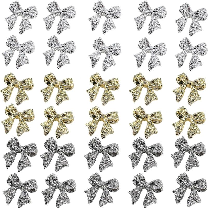 30pcs 3D Metal Bow Charms for Acrylic Nails - Gold, Silver, Gray Alloy Knot Art Accessories - Cute Kawaii Tie Jewels for Women Girls Manicure