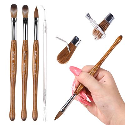 Aokitec Kolinsky Acrylic Nail Brush Set: Size 8,12,14 Professional Manicure Brushes with Cleaner Tool &amp; Wooden Handle for Acrylic Powder,Nail Extensions &amp; 3D Carving - Salon &amp; DIY Nail Art Essentials