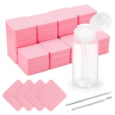 1080 3 Pcs Lint Free Nail Wipes Kit, Disposable Nail Polish Remover Pads Non-Woven Nails Eyelash Extensions Wipes, Nail Polish Remover Wipes with 200 ML Bottle, 2 Pcs Cuticle Pusher (Pink)