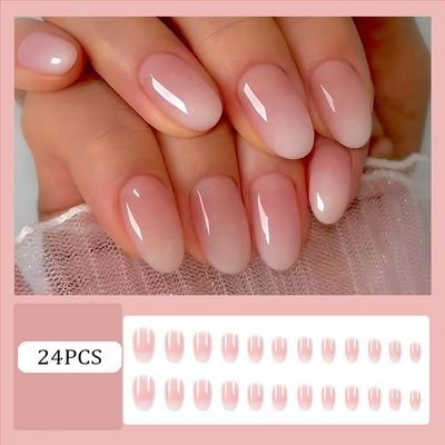 RUPOFUZA Almond Press on Nails Short Squoval Fake Nails Pink Ombre White False Nails with Glossy Press ons Designs Acrylic Nails Press on Artificial Nails Stick on Nails for Women 24Pcs