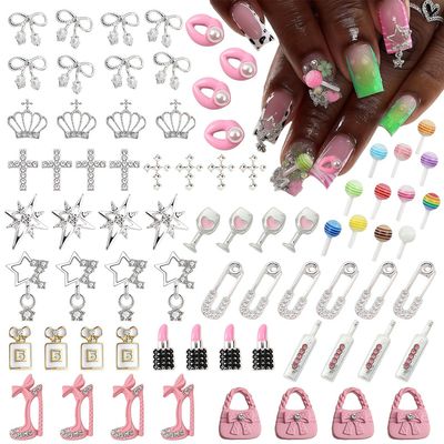Pizadix 84 pcs 3D Sliver Pink Nail Charms Y2K Set Cute Nail Charms with Stars, Crowns, Crosses,Bins,Lollipops, Lips, Bottles, Cups, Perfume, Lipsticks, Bags, and Heels for Nail Art