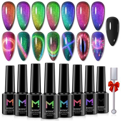MIZHSE 9D Cat Eye Gel Nail Polish 8x10ML, Dual Color Galaxy Magnetic Nail Polish Gel, Magic Cateye Chameleon DIY Nail Art Manicure Set for Home with Magnet Stick