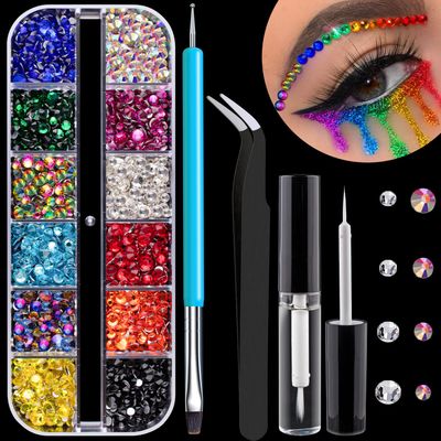 Round Flatback Face Gems Kit (Colorful) for Makeup with Quick Dry Glue Brush Tweezer, Nail Art Rhinestones Mixed Color Iridescent Chameleon Glass Crystal Beads for Make-up Deco