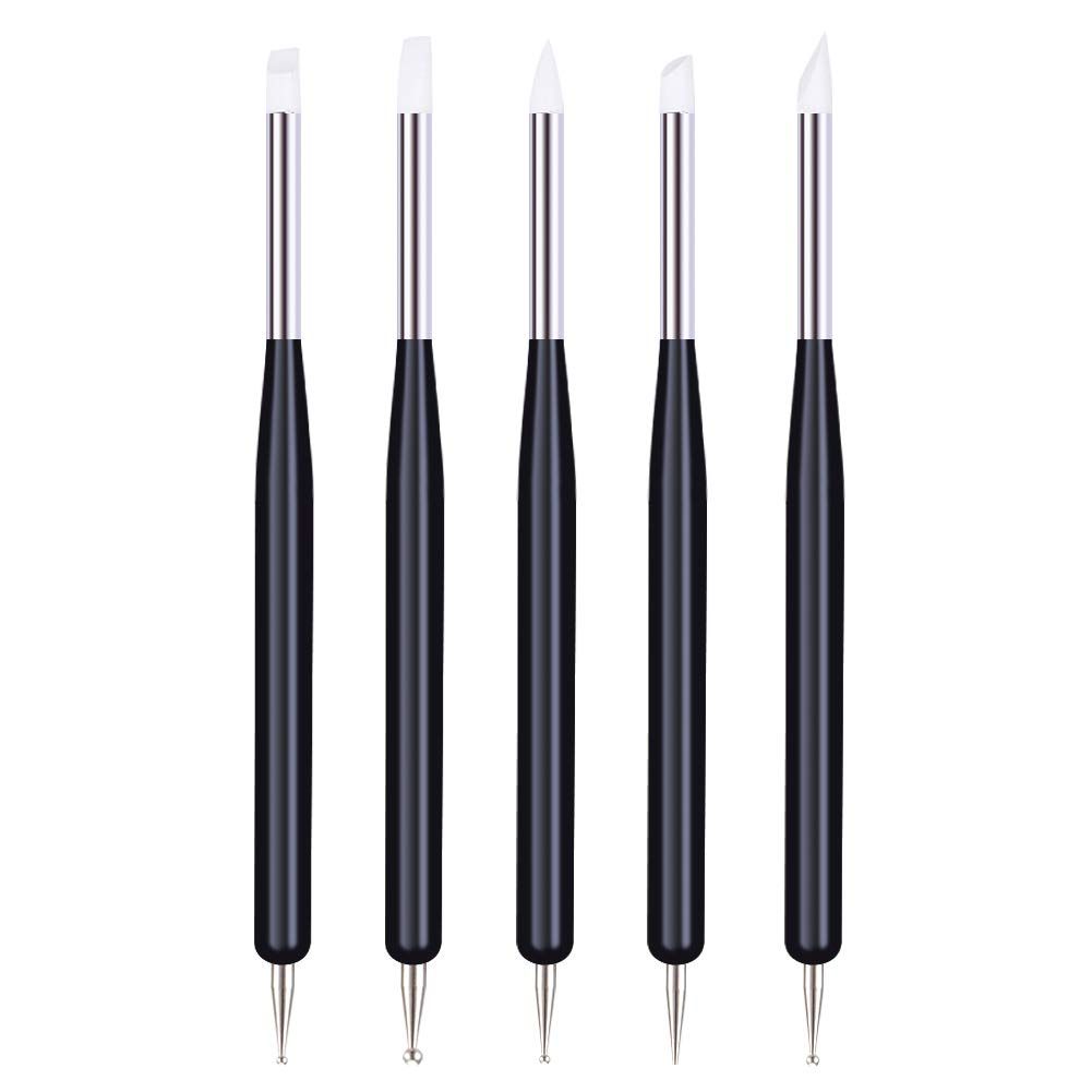 5pcs Nail Art Dotting Tools Pen Dual Head UV Gel Carving Pen Nail Silicone Brushes Set Pottery Clay Sculpting Modeling Painting Drawing Tool DIY Art Craft (Black)
