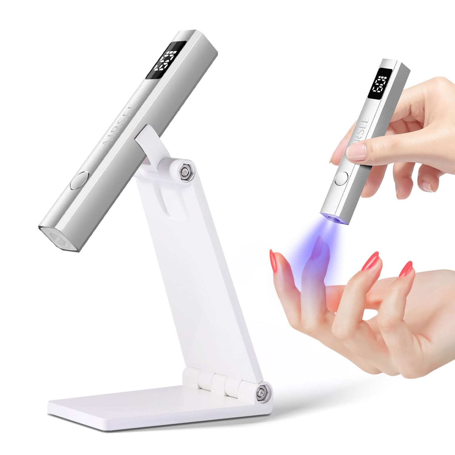 AIRSEE Cordless Nail Lamp with Stand, Handheld UV Light with LCD Display for Gel Nails,Rechargeable USB Nail Dryer for Fast Cure,Rhinestone Glue Decoration,Gel Nail Strips at Home,Travel(Sliver)
