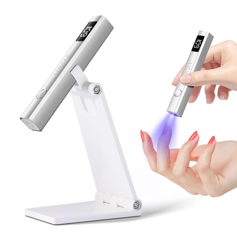 AIRSEE Cordless Nail Lamp with Stand, Handheld UV Light with LCD Display for Gel Nails,Rechargeable USB Nail Dryer for Fast Cure,Rhinestone Glue Decoration,Gel Nail Strips at Home,Travel(Sliver)