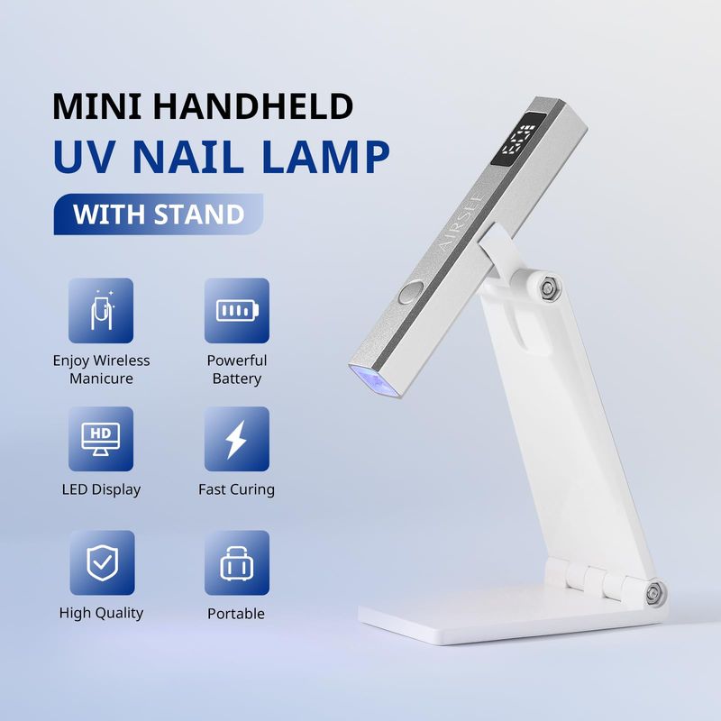 AIRSEE Cordless Nail Lamp with Stand, Handheld UV Light with LCD Display for Gel Nails,Rechargeable USB Nail Dryer for Fast Cure,Rhinestone Glue Decoration,Gel Nail Strips at Home,Travel(Sliver)