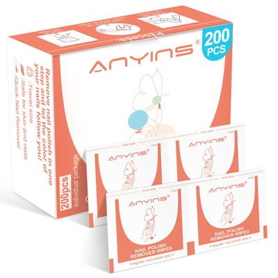 ANYINS Nail Polish Remover Pads200PCS Fast Remove Nail Polish Remover Wipes with Nutrition Oil Individually Wrapped Professional Nail Salon and Home Use