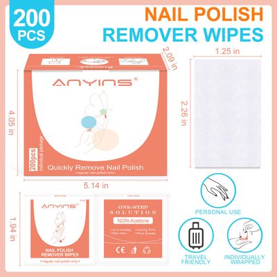 ANYINS Nail Polish Remover Pads200PCS Fast Remove Nail Polish Remover Wipes with Nutrition Oil Individually Wrapped Professional Nail Salon and Home Use