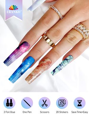 EBANKU Nail Foil Glue Gel, 20 Pcs Nail Art Foil with 30ML Nail Glue, Starry Sky Flower Stickers Transfer Foils Gels Polish Set for Art Salon or Home Use, LED Lamp Required