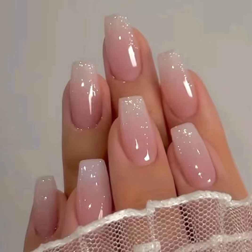 Enppode French Tip Nails - Long Coffin Fake Nails, Glossy Pink, 24 PCS/Set