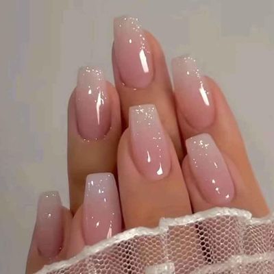 Enppode French Tip Nails - Long Coffin Fake Nails, Glossy Pink, 24 PCS/Set