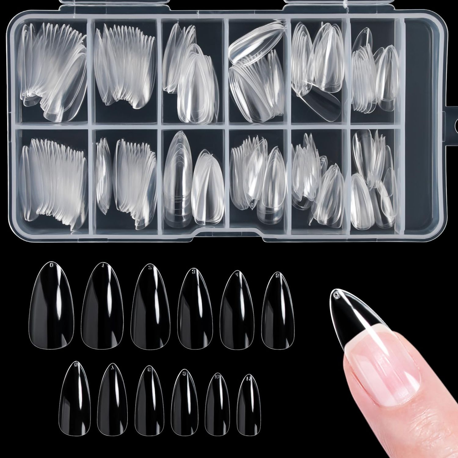 Funfe Clear Soft Gel Almond Nail Tips - 240 pcs, 12 Sizes, Full Cover, Press On, DIY Nail Salon