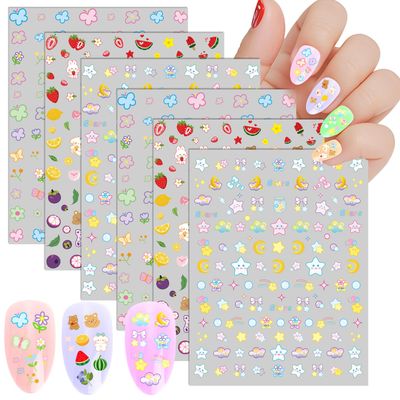 Keluna Nail Art Stickers for Kids - 6Pcs Kawaii Nail Stikcers for Girls, Cute Butterfly Flower Star Embossed Nail Decals, Cartoon Nail Stickers for Women Girls Toddler, 300 Small Designs