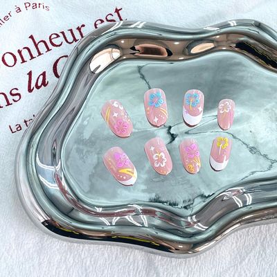 24pcs Spring Summer Flower False Nails French Tip Floral Press on Nails Glue on Short Almond Nail Glossy Artificial Acrylic Fake Nail Reusable for Women
