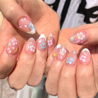 24pcs Spring Summer Flower False Nails French Tip Floral Press on Nails Glue on Short Almond Nail Glossy Artificial Acrylic Fake Nail Reusable for Women