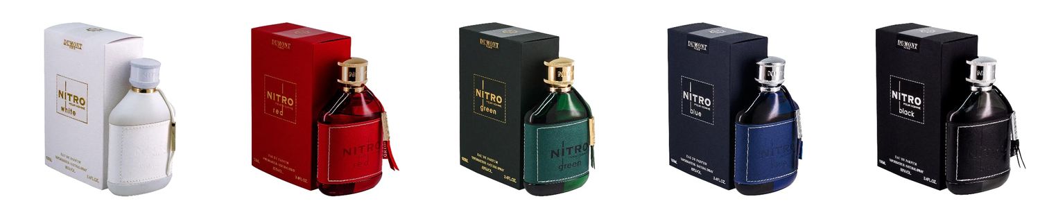 Dumont Nitro Perfume Collection Set, White, Red, Green, Blue and Black Fragrances 3.45 fl oz Each, 5-Piece Fragrance Combo Pack