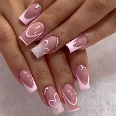 Pink French Tip Press on Nails Long Gradient Coffin Shape Nude Nails Fake Nails with Design French Nails Press ons Cute Heart Line Stick on Nails Medium Square Acrylic Nails for Women Daily Wear 24Pcs