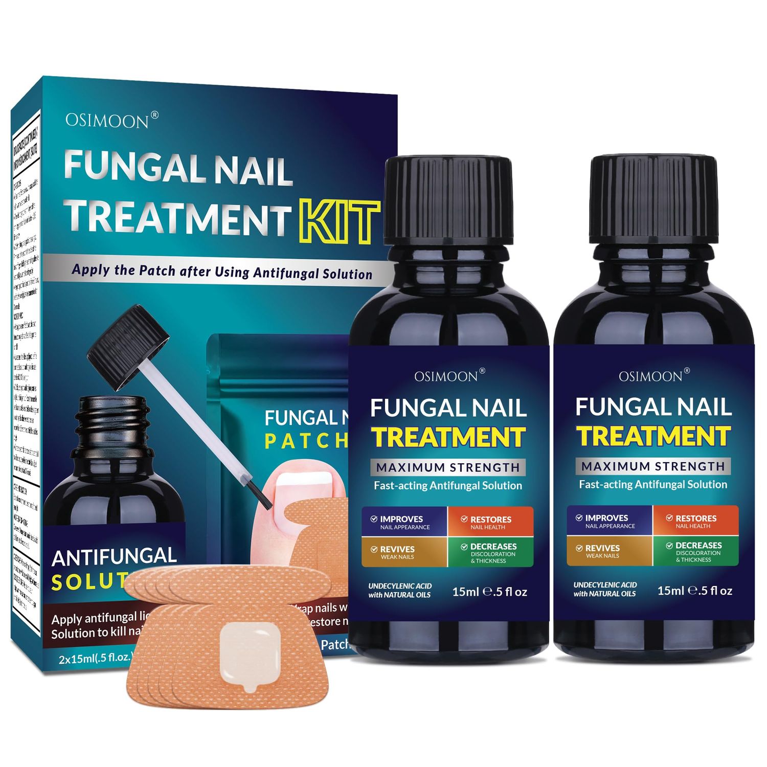 Toenail Treatment Liquid and Patches: Fast Acting Kit for Nail Repair - Extra Strength Solution for Damaged Thick Discolored Cracked Nails - Overnight Toe Finger Nail Renewal Patch