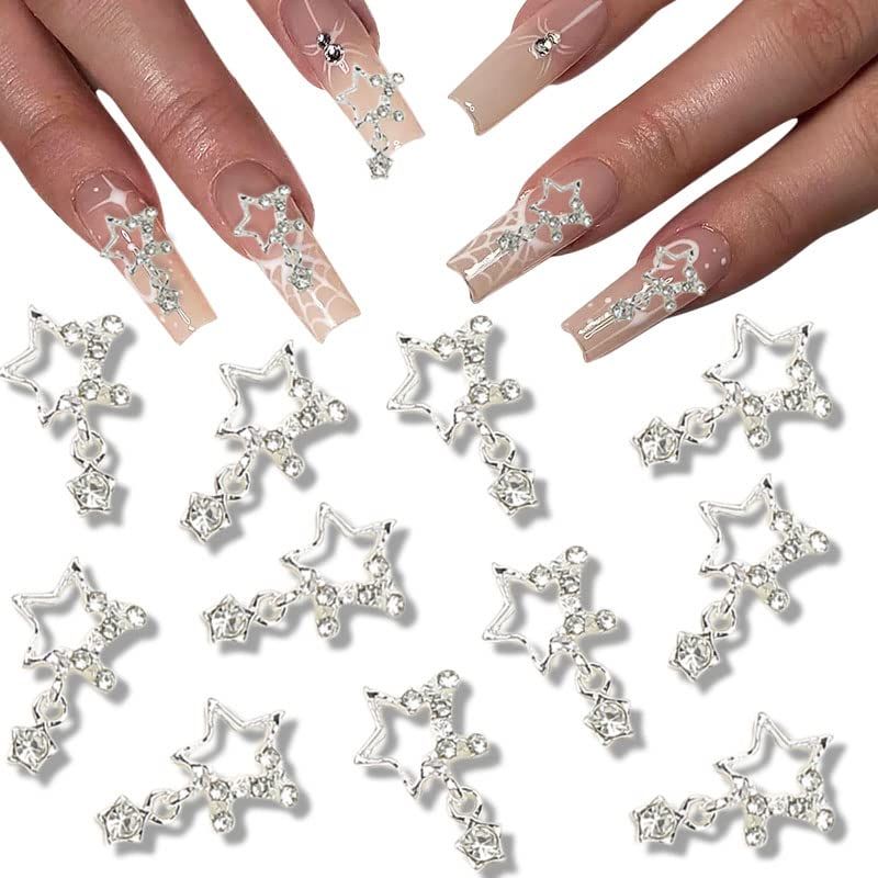 BAOYAALIN 3D Alloy Star Nail Charms 20pcs Y2k Silver Gems Rhinestones Shiny Crystal Art Metal Jewelry Decor for Nails Women YJLZ-2216