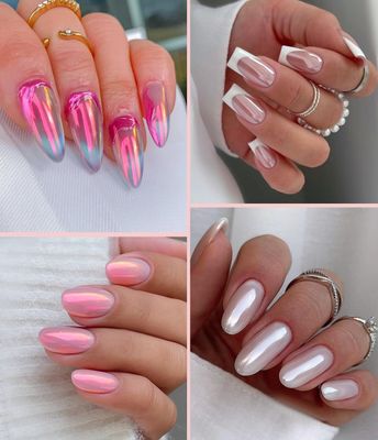 Pearl Chrome Nail Powder BISHENGYF -Fairy Effect Pink Chrome Nail Powder White Pearlesent Aurora Mermaid Iridescent Nail Chrome Powder, Metallic Mirror Glitter Pigment Dust for Nail Art DIY 2PCS