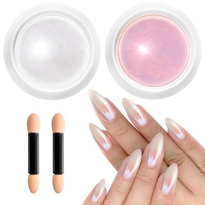 Pearl Chrome Nail Powder BISHENGYF -Fairy Effect Pink Chrome Nail Powder White Pearlesent Aurora Mermaid Iridescent Nail Chrome Powder, Metallic Mirror Glitter Pigment Dust for Nail Art DIY 2PCS