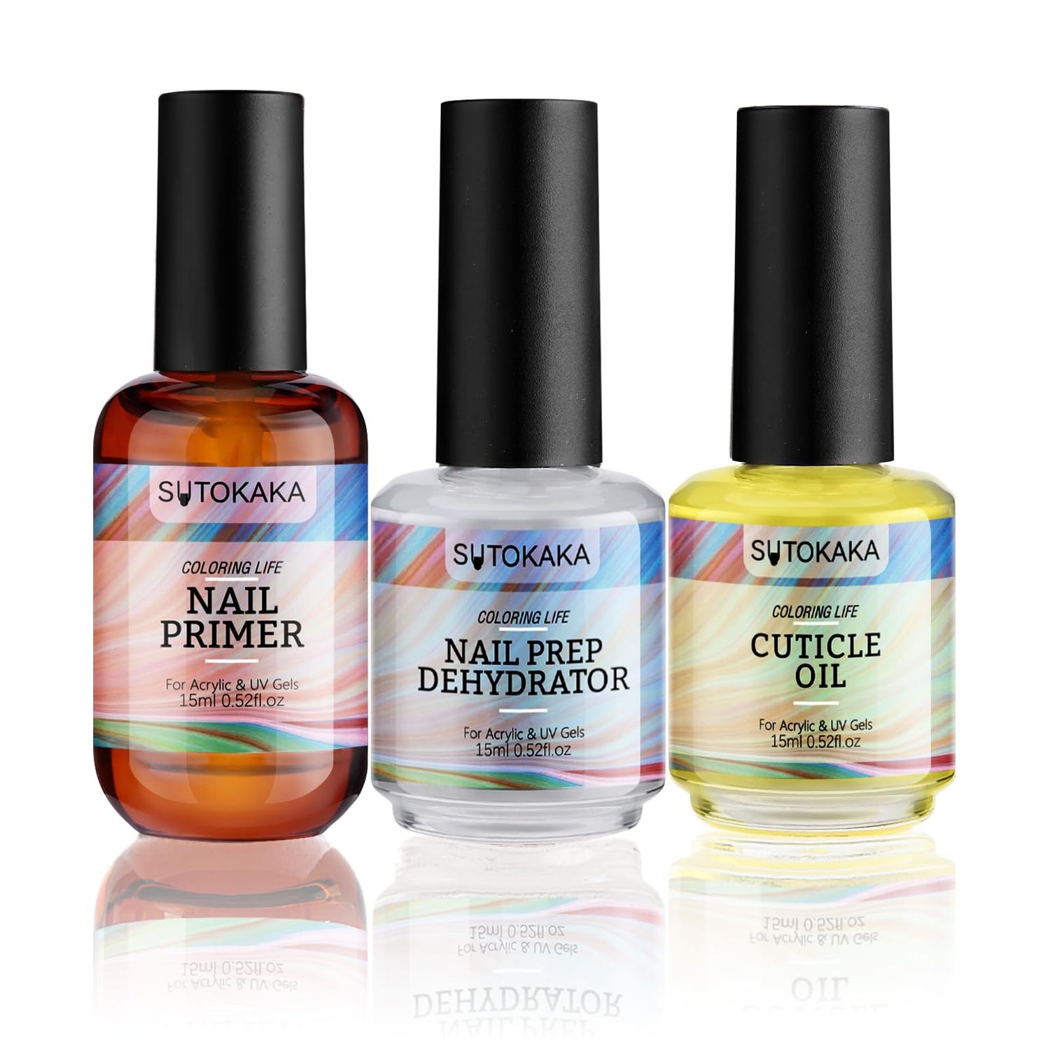 SUTOKAKA 3Pcs Nail Dehydrator and Primer and Cuticle Oil for Acrylic Gel Nails 15ml Professional Acid Free Bonding Primer Nail Prep Set No Burns Manicure Bonder Liquid for DIY Home Salon