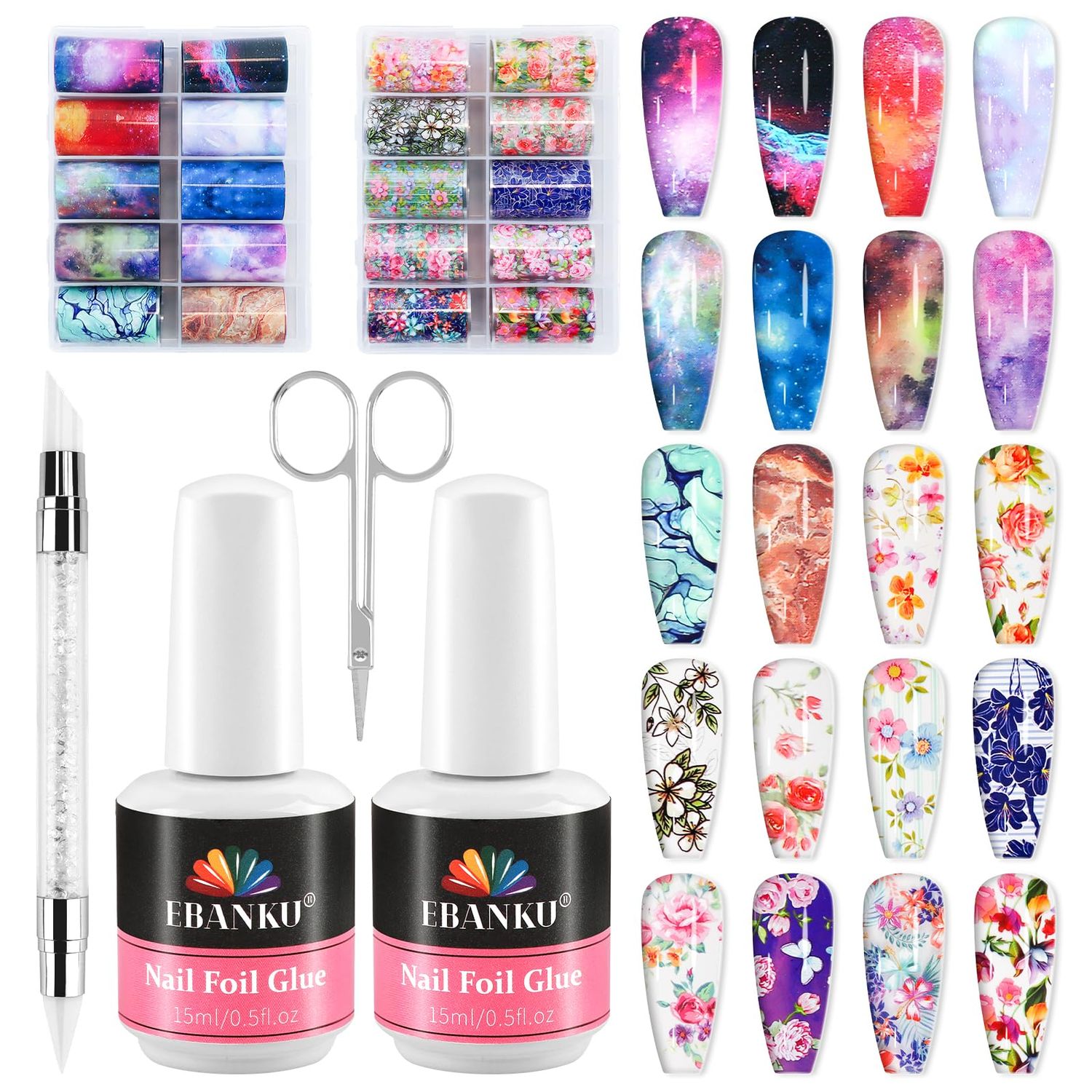 EBANKU Nail Foil Glue Gel, 20 Pcs Nail Art Foil with 30ML Nail Glue, Starry Sky Flower Stickers Transfer Foils Gels Polish Set for Art Salon or Home Use, LED Lamp Required
