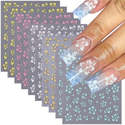 10 Sheets Hibiscus Flower Nail Stickers for Nail Art Petal Floral Nail Art Stickers Decals 3D Self-Adhesive Pegatinas Uas Pink Blue Gold Silver Nail Design Flowers Sticker DIY Nail Decor for Women