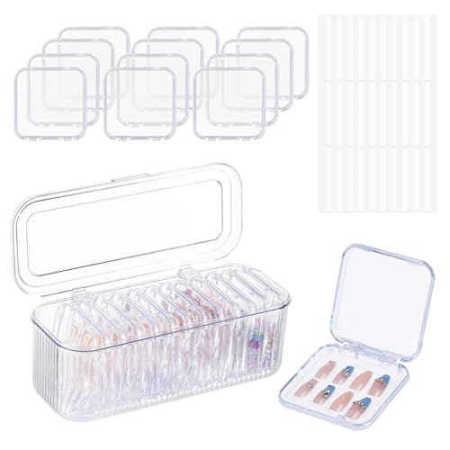 LONTOHCE Press On Nail Orgnizer 12pcs 3.3inch Clear nail storage box and 1 large storage box for Press On Nail Packaging and fake Nail Storage Nail Display with double sided tape.