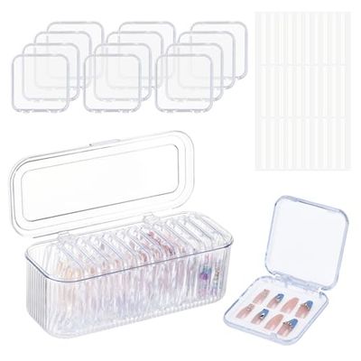 LONTOHCE Press On Nail Orgnizer 12pcs 3.3inch Clear nail storage box and 1 large storage box for Press On Nail Packaging and fake Nail Storage Nail Display with double sided tape.