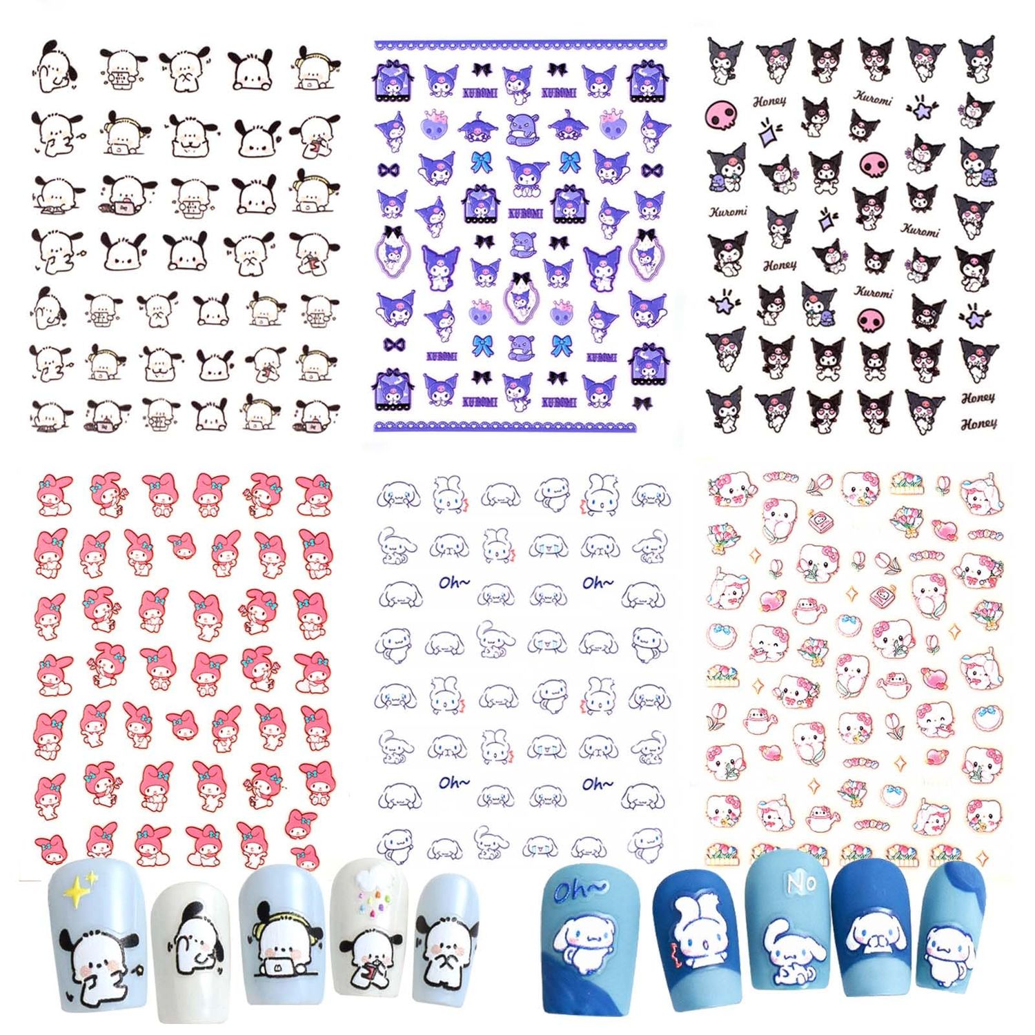 5D Kawaii Anime Nail Stickers, 6 Sheets Cute Cartoon Nail Decals for Nail Art Decoration, Perfect for Women and Girls, Pegatinas para Uas