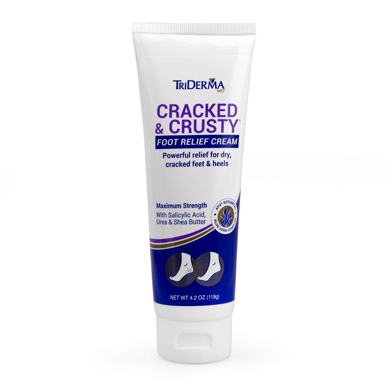 TriDerma Cracked &amp; Crusty Healthy Foot Cream Moisturizes, Softens and Heals Dry Feet, Cracked Heels and Dry Elbows with Salicylic Acid, Urea, Shea Butter, AP4 Aloe and Vitamins, 4.2 Ounces