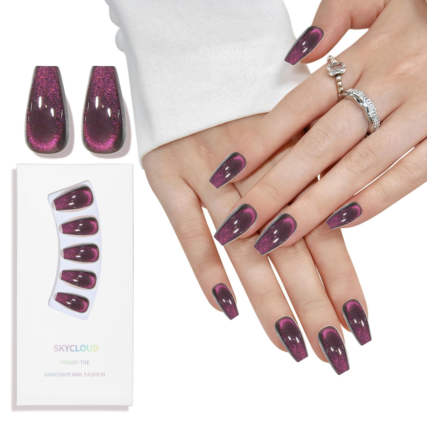 Purple Cat Eyes Press On Nails, 12 Size-24 Pcs Gel Purple Medium Coffin Fake Nails, Full Cover Glossy Acrylic Nails Reusable Stick On False Nails for Women and Girls (Skycloud Purple Nails) SK0721