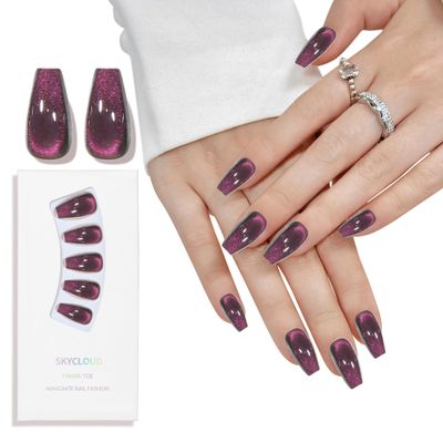 Purple Cat Eyes Press On Nails, 12 Size-24 Pcs Gel Purple Medium Coffin Fake Nails, Full Cover Glossy Acrylic Nails Reusable Stick On False Nails for Women and Girls (Skycloud Purple Nails) SK0721