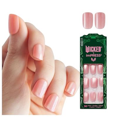 WICKED X imPRESS Design Press On Nails , The EASIEST NO GLUE Mani, Super Hold Adhesive, Glinda-fied, Pink, Short Squoval, Includes 30 Fake Nails, 1 Prep Pad, 1 Manicure Stick, 1 Mini File