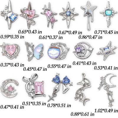 16 Styles Luxury Moon Star Nail Charms for Acrylic Nails Alloy Rhinestone Star Moon Nail Art Charms 3D Bow Butterfly Silver Nail Charms Y2k Nail Accessories Metal Nail Jewels for Nail Art Supplies