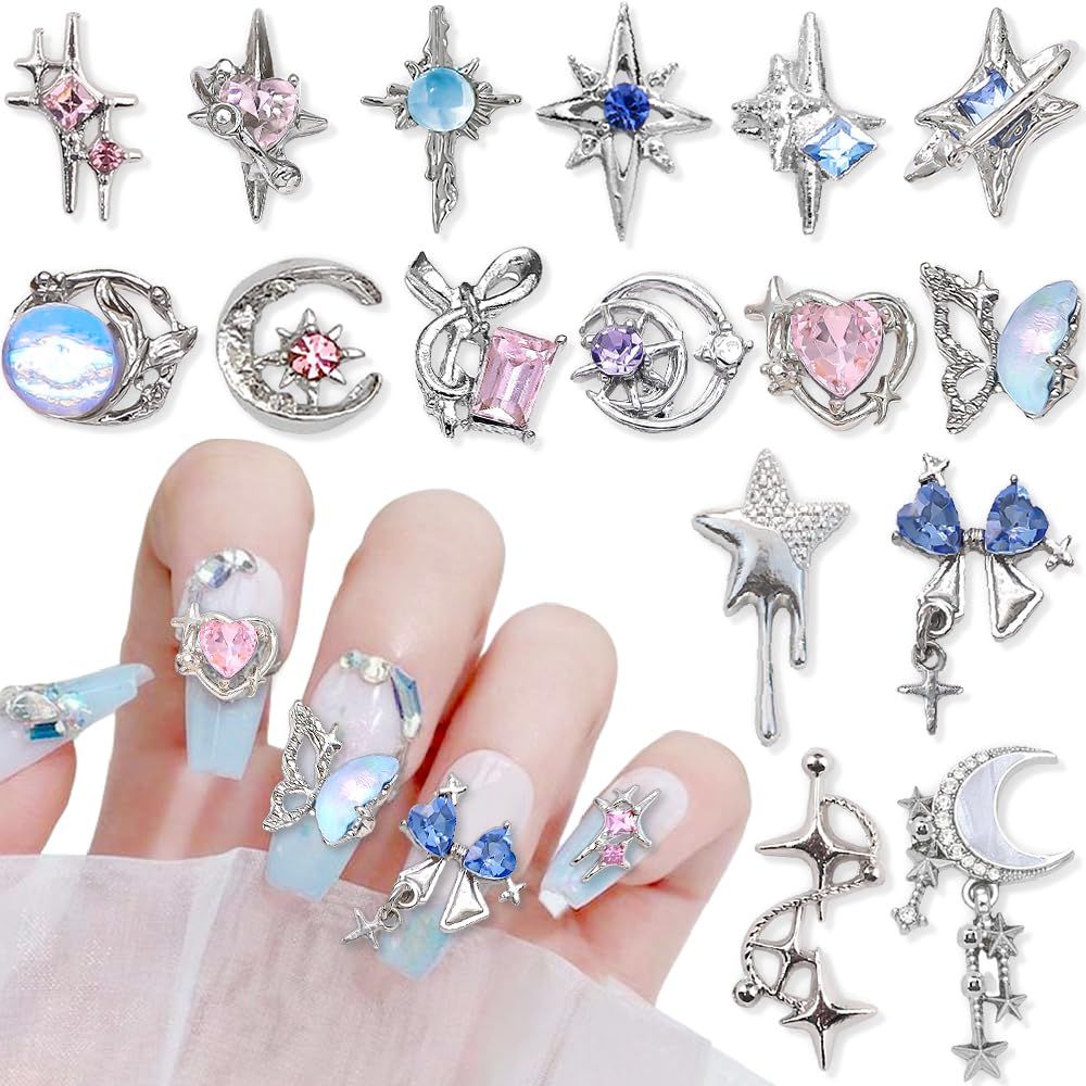 16 Styles Luxury Moon Star Nail Charms for Acrylic Nails Alloy Rhinestone Star Moon Nail Art Charms 3D Bow Butterfly Silver Nail Charms Y2k Nail Accessories Metal Nail Jewels for Nail Art Supplies