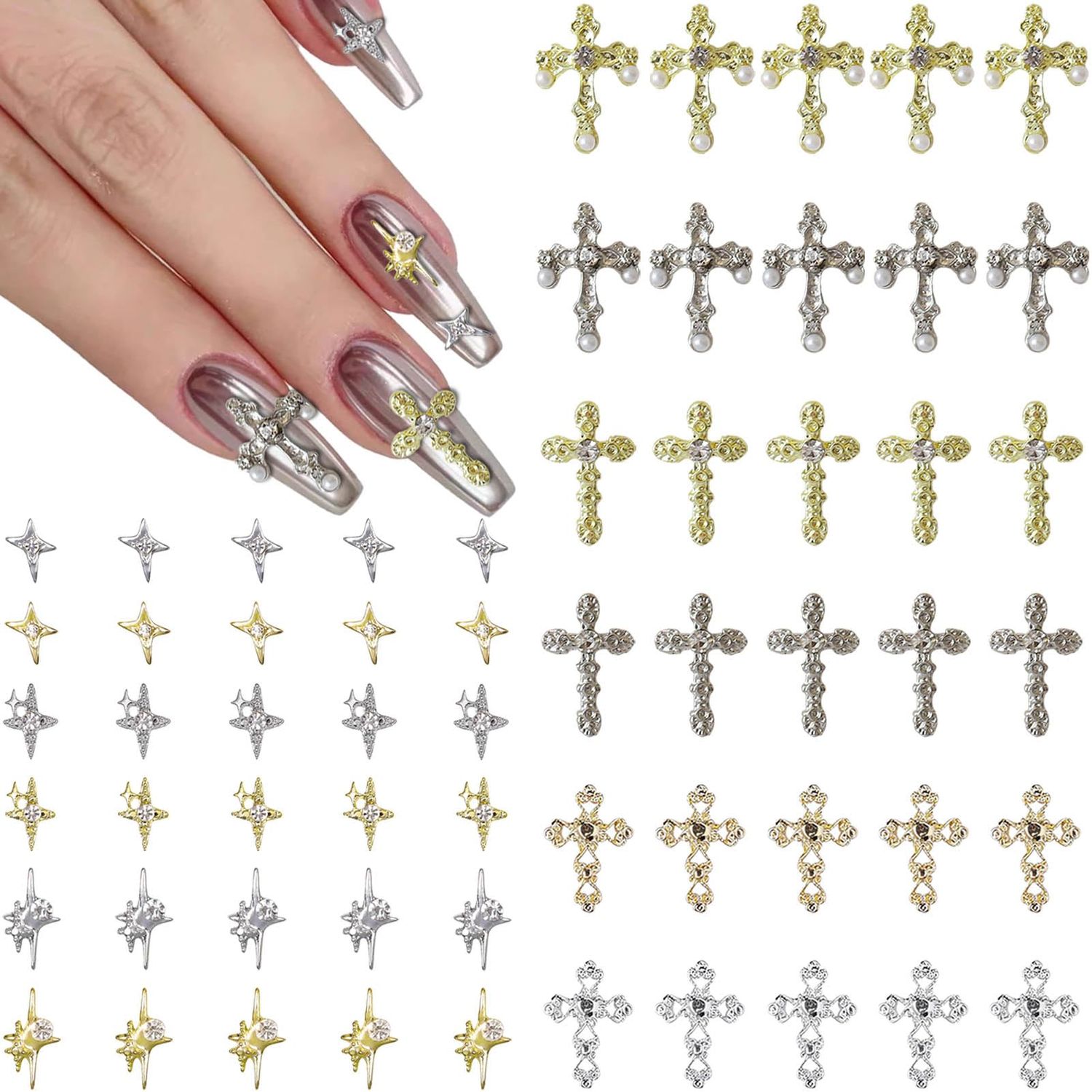 Kurilai 60pcs Cross Nail Charms - 3D Star Nail Decorations, Cross Metal Pearl Rhinestones for Women, DIY Jewelry &amp; Cellphone Crafts (GoldSilver)