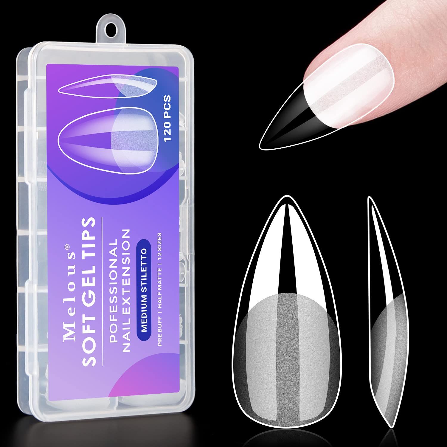 Melous Medium Stiletto Gel False Nail Tips, 120 PCS Pre Buff Full Cover, Square, Matte, 12 Sizes, 120 Number of Pieces, Nail Art Enhancement