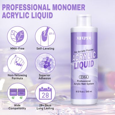 XIFEPFR Monomer Acrylic Nail Liquid 8.12fl.oz with 3 Size Acrylic Brushes for Acrylic Powder, MMA-Free Non-Yellowing EMA Monomer Liquid for Acrylic Nail Extension &amp; Carving, DIY Home &amp; Nail Salon Use